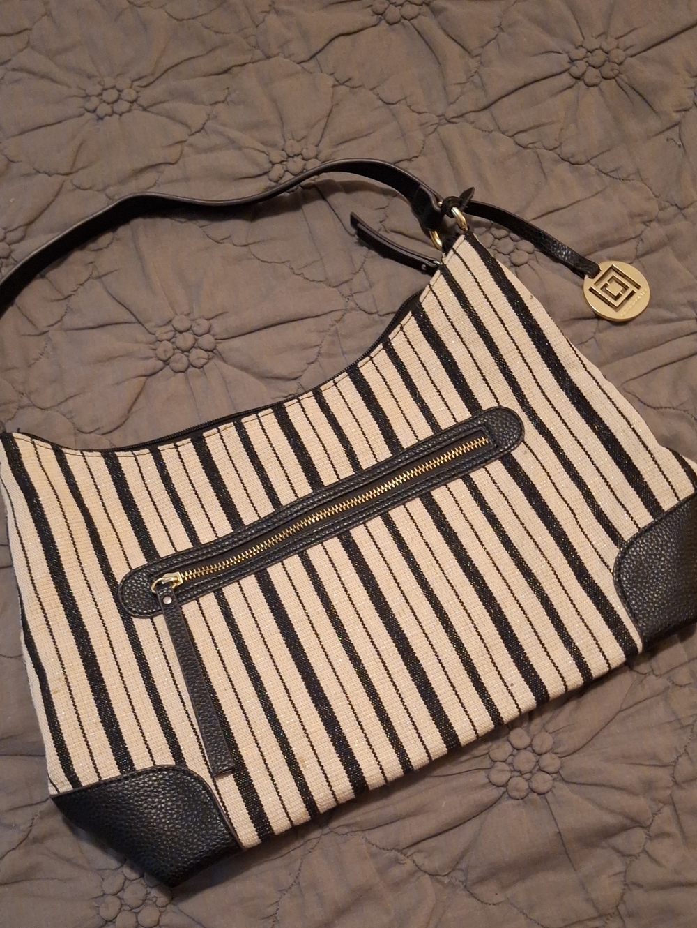 Vintage Liz Claiborne Striped Canvas Shoulder Bag in Black and Cream